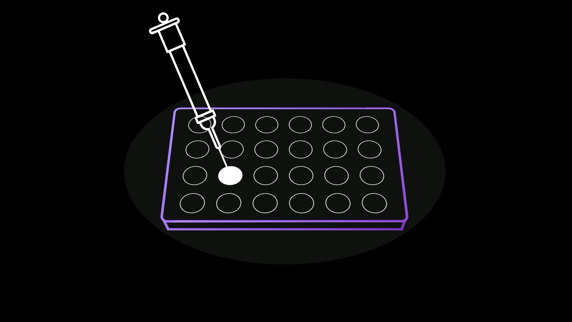 Illustration of a biomarker test panel with a syringe releasing a blood specimen.